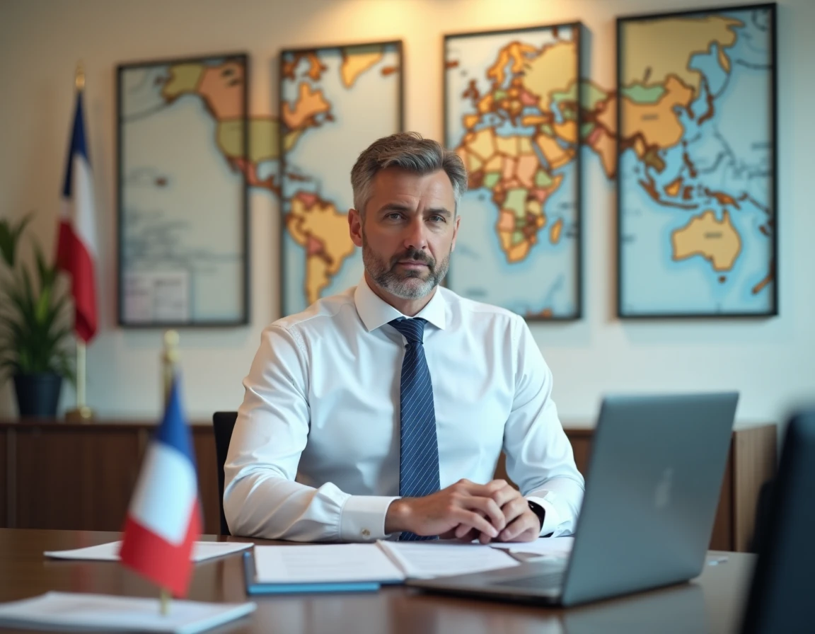 Agent consulaire français assis au bureau de réception de l'Ambassade de France en Serbie examinant des documents officiels