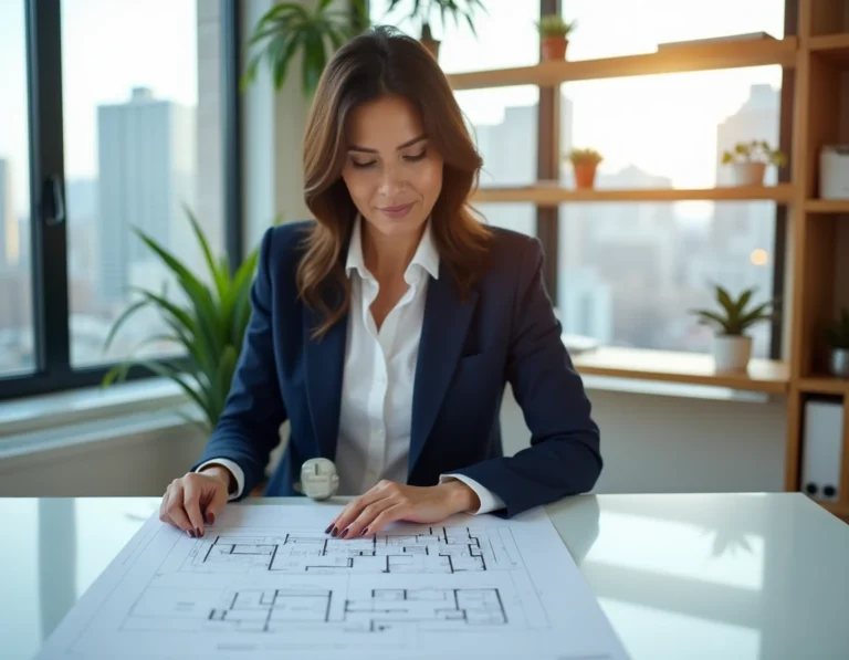 Femme agent immobilière analysant des plans architecturaux dans un bureau moderne avec vue sur la ville en 2024