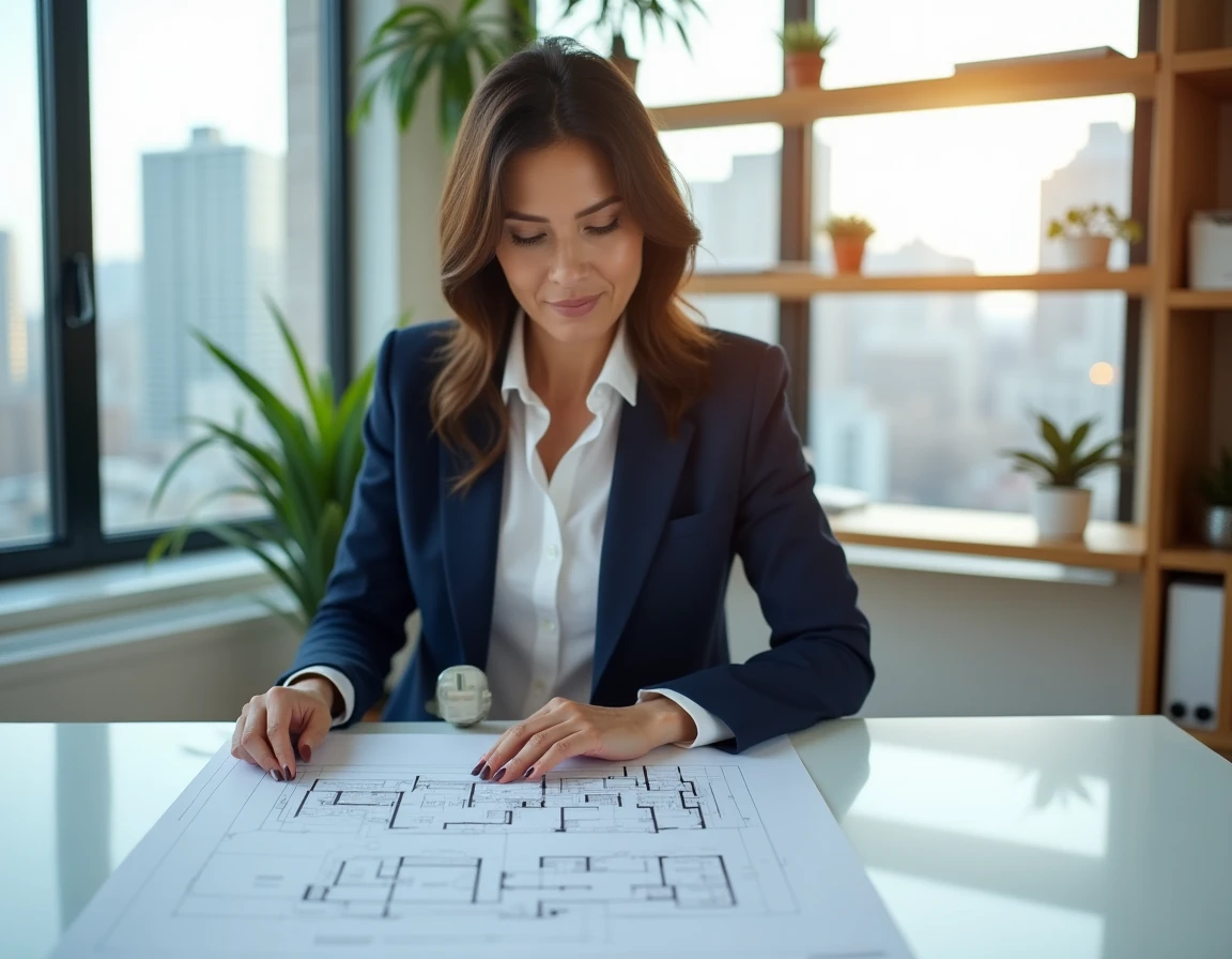 Femme agent immobilière analysant des plans architecturaux dans un bureau moderne avec vue sur la ville en 2024