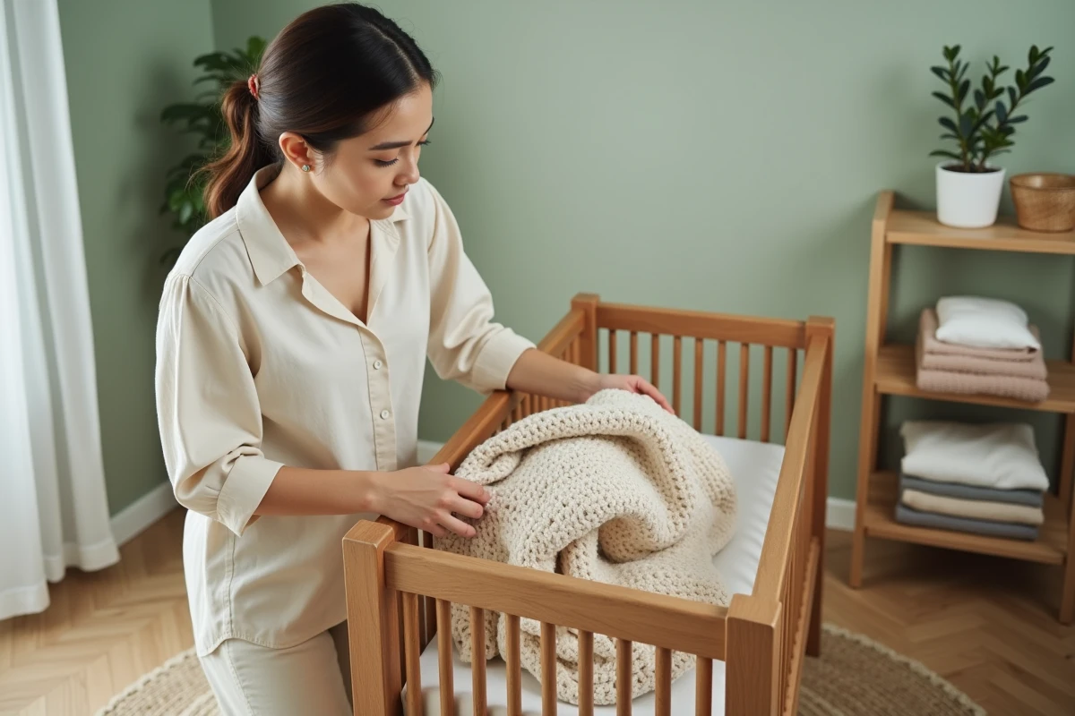 Jeune mère arrangeant une couverture en tricot dans un lit bébé en bois naturel dans une chambre de bébé apaisante aux murs vert sauge