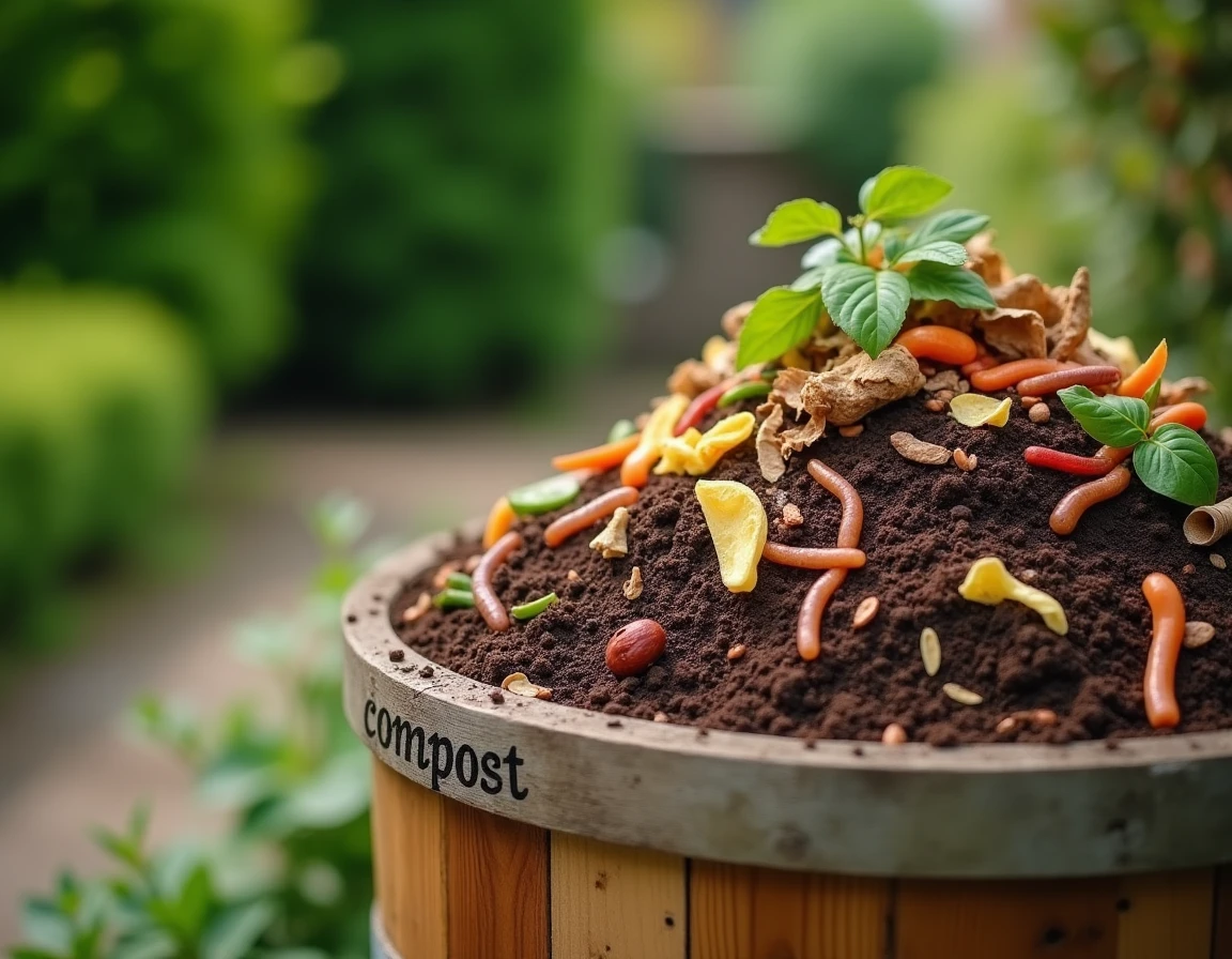 Bac à compost en bois rempli de déchets organiques et de feuilles mortes dans un jardin écologique