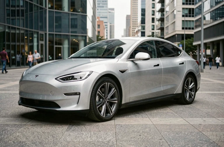 Berline électrique 2024 garée sur une place urbaine moderne, tendances automobiles actuelles