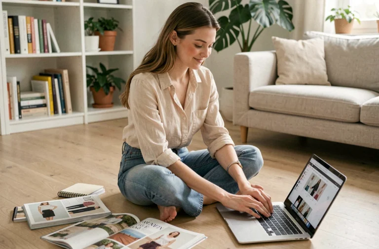 Jeune femme blogueuse mode et parentalité assise sur un parquet clair entourée de magazines et d'un ordinateur portable dans un intérieur scandinave