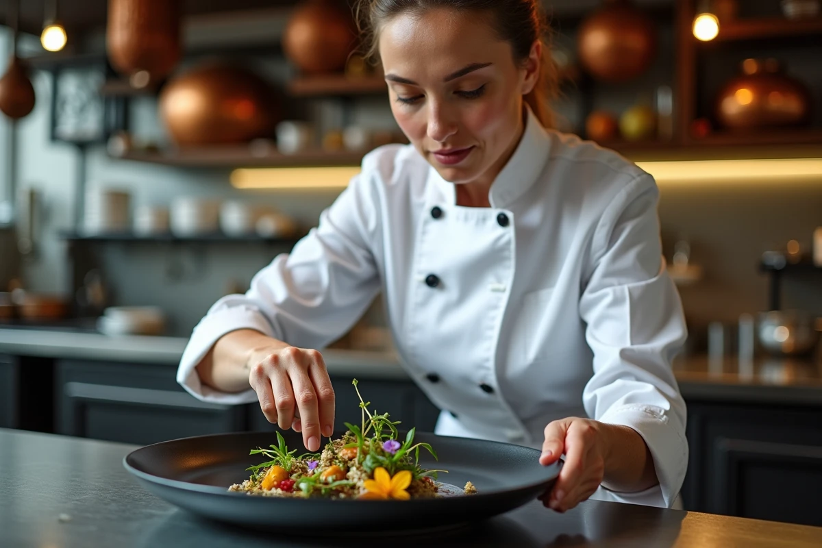 Cheffe cuisinière professionnelle dressant une assiette gastronomique innovante avec des fleurs comestibles dans une cuisine moderne
