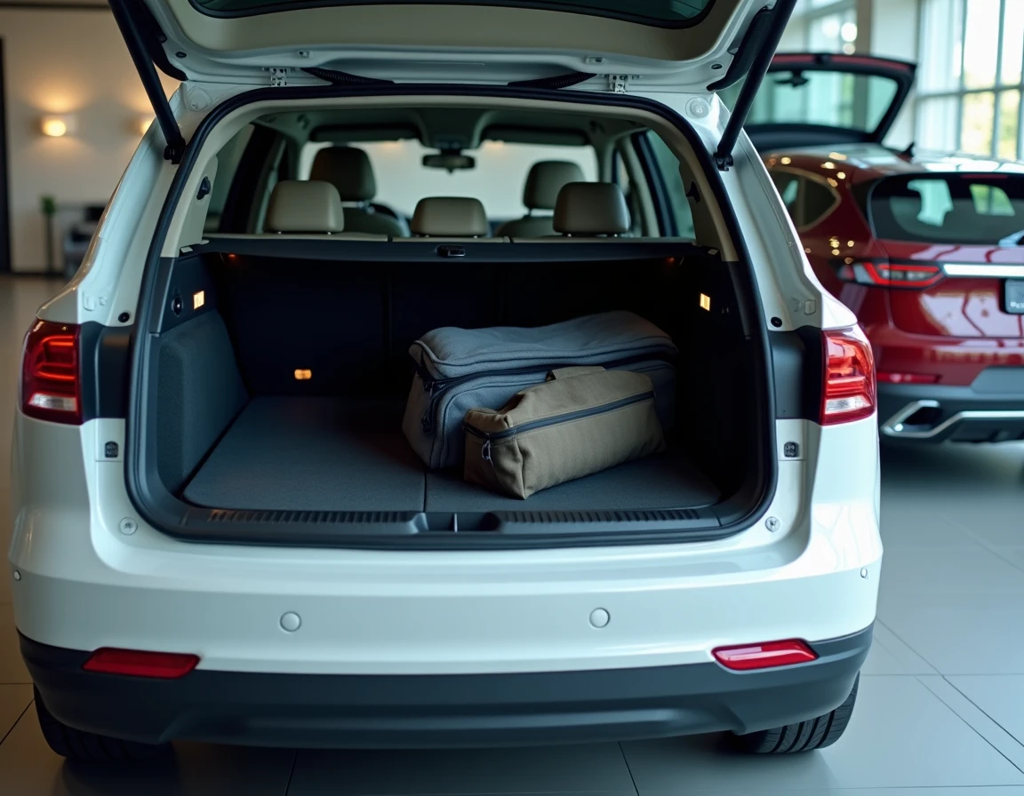 Vue intérieure de trois coffres de voitures côte à côte en concession, comparaison thermique hybride et électrique avec bagages pour illustrer le volume utile
