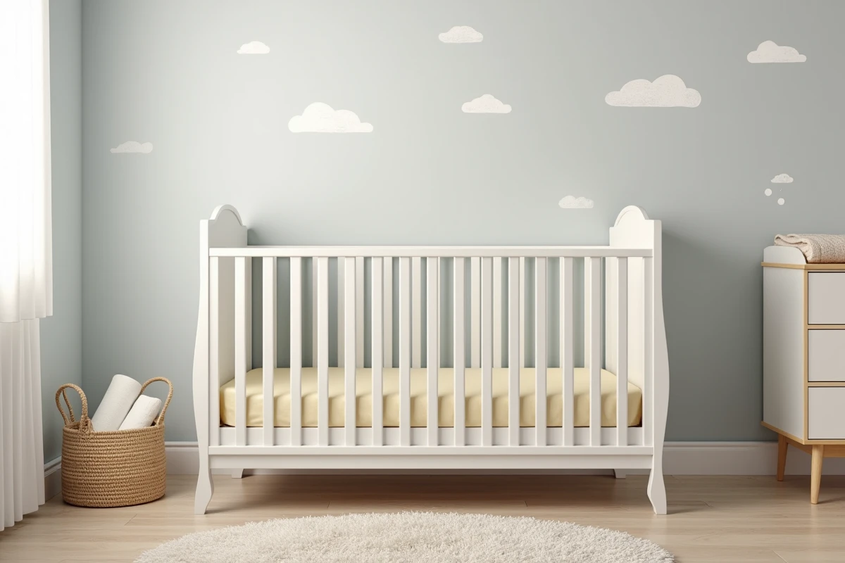Coin chambre bébé avec lit à barreaux blanc réglable, drap en coton bio jaune pâle et panier en osier rangement à côté