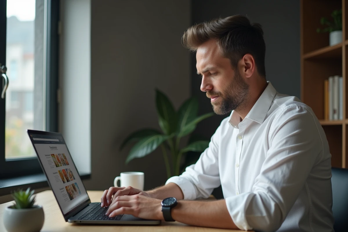 Homme passant commande de repas sur un site de livraison depuis son bureau à domicile