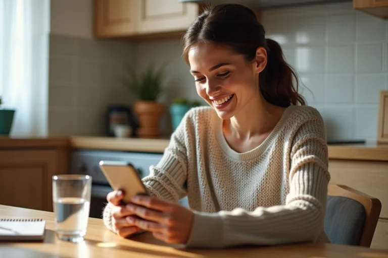 Femme commandant un repas en ligne depuis une application mobile dans une cuisine moderne et chaleureuse