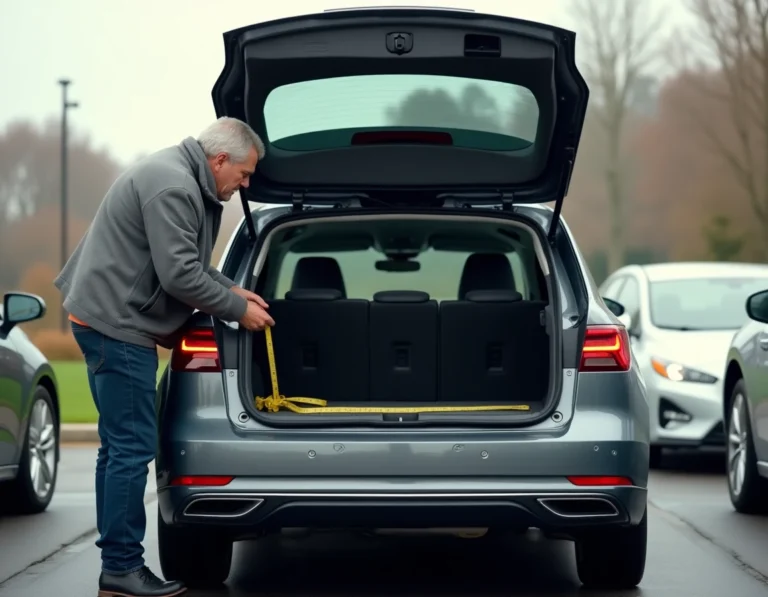 Homme mesurant la taille du coffre d'une berline familiale dans un parking, comparaison de véhicules thermiques et électriques en 2026