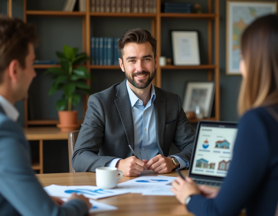 Conseiller immobilier présentant un rapport d'investissement à des clients dans un bureau de notaire contemporain