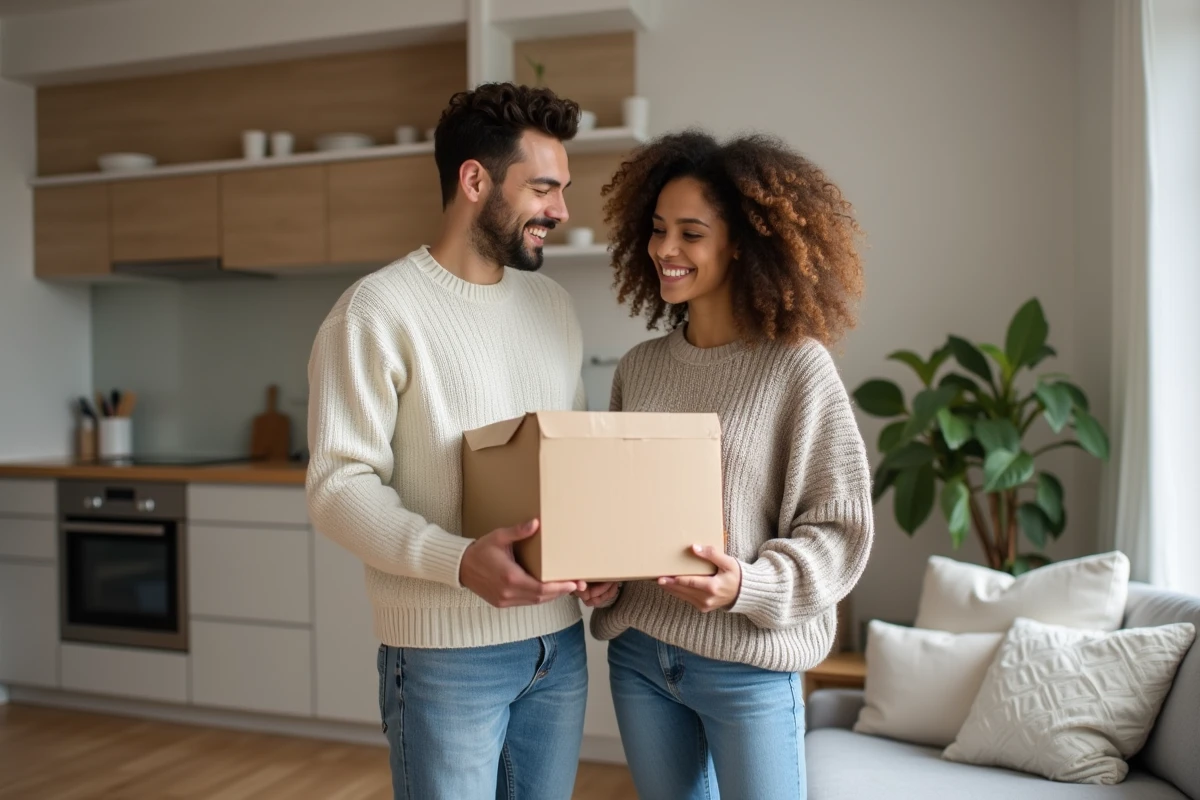 Jeune couple souriant dans un salon moderne T3