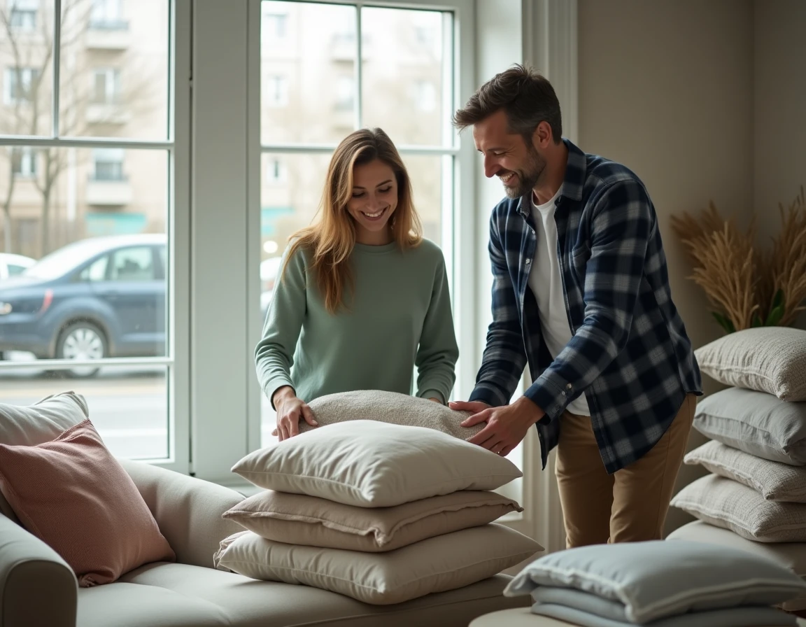 Couple réaménageant ensemble un salon encombré vers un intérieur harmonieux et chaleureux dans un appartement style scandinave