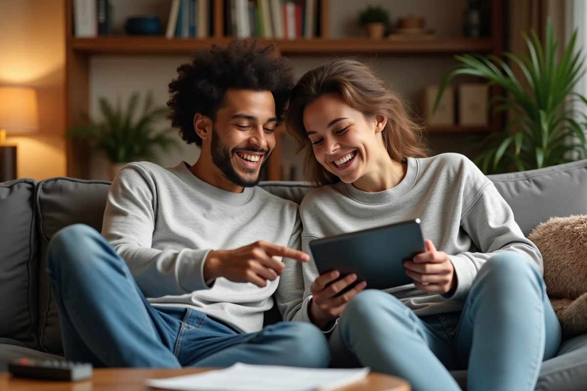 Couple consultant la confirmation d'une commande de repas en ligne sur une tablette dans le salon