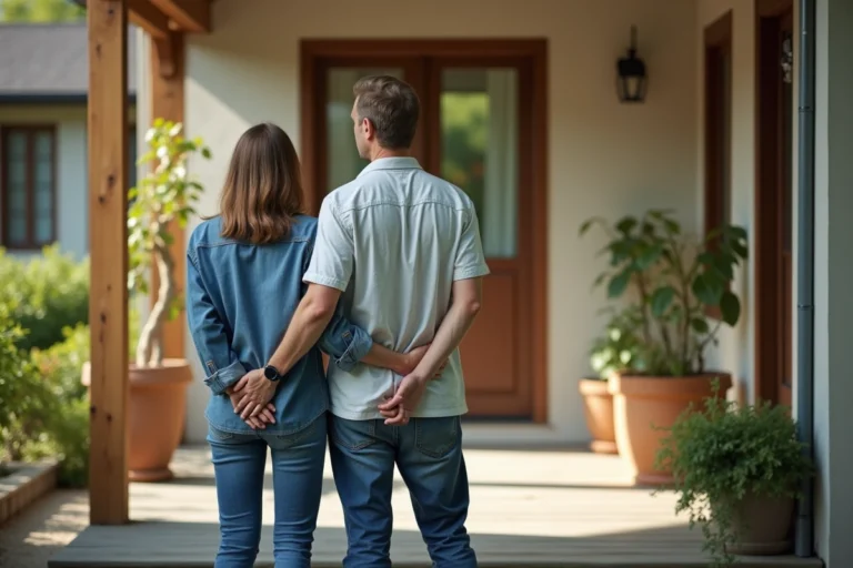 Couple devant une maison de style ferme dans un cadre paisible