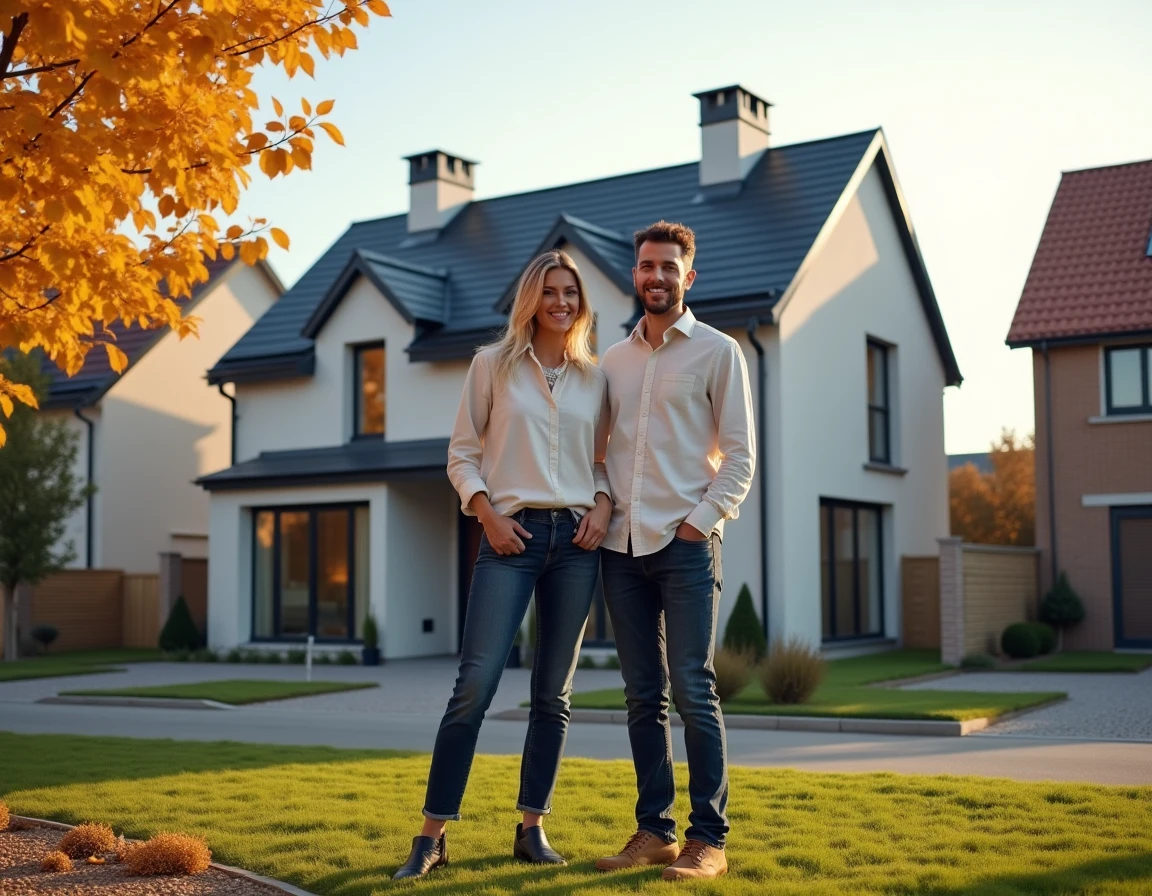 Couple devant une maison neuve à vendre dans un quartier résidentiel en automne, projet immobilier 2024