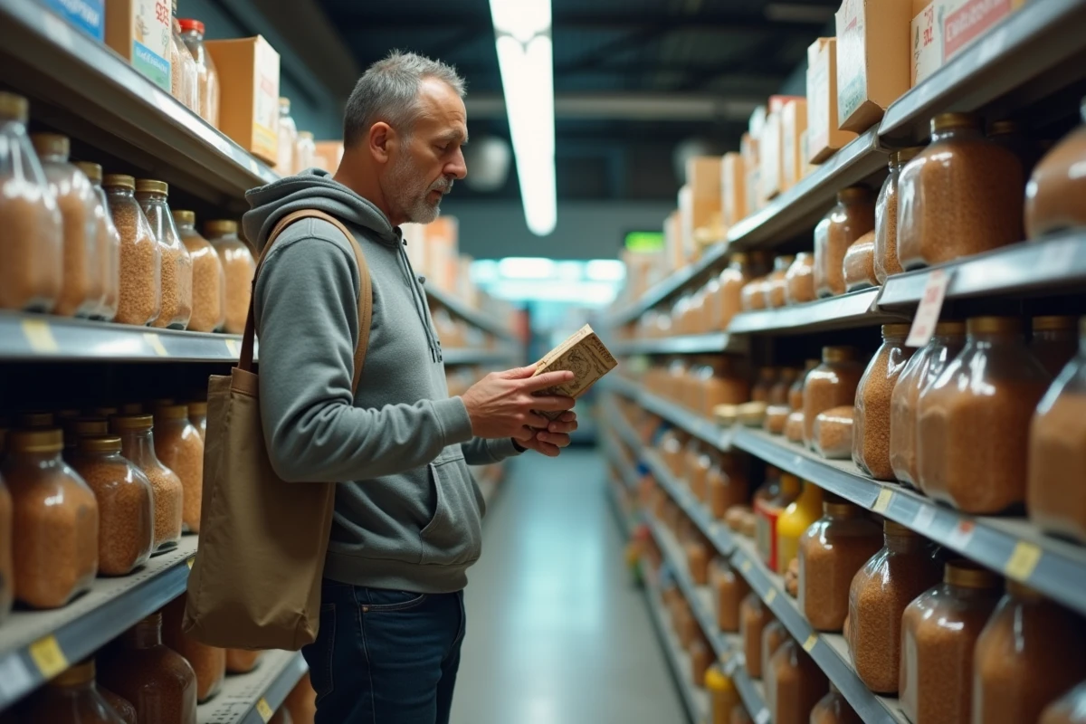 Homme comparant les prix de légumineuses bon marché dans un supermarché discount