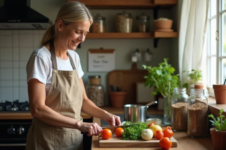 Femme préparant des légumes frais et économiques dans une cuisine modeste et chaleureuse