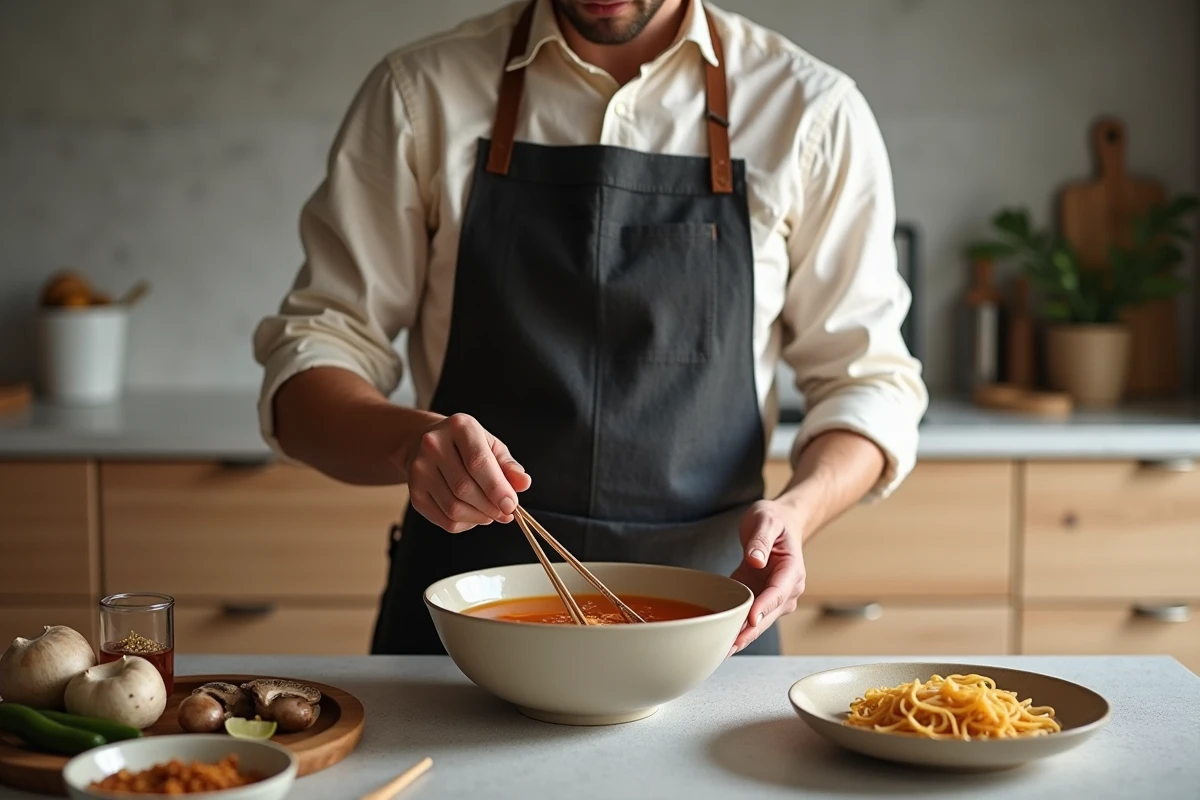 Jeune homme préparant un bouillon miso tendance avec ingrédients innovants dans une cuisine minimaliste scandinave