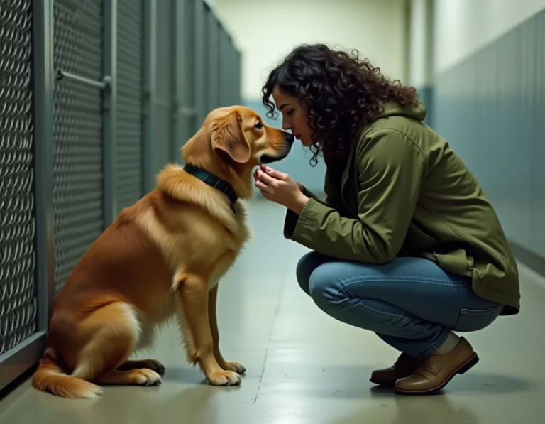 Femme défendant les droits des animaux dans un refuge animalier avec un chien golden retriever