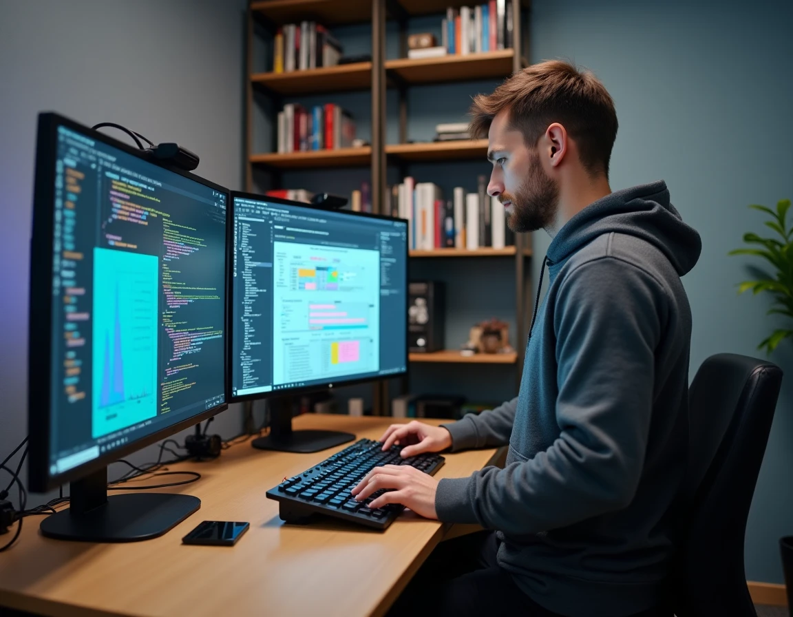 Développeur web masculin travaillant sur des maquettes numériques et tableaux de bord dans un studio à domicile minimaliste