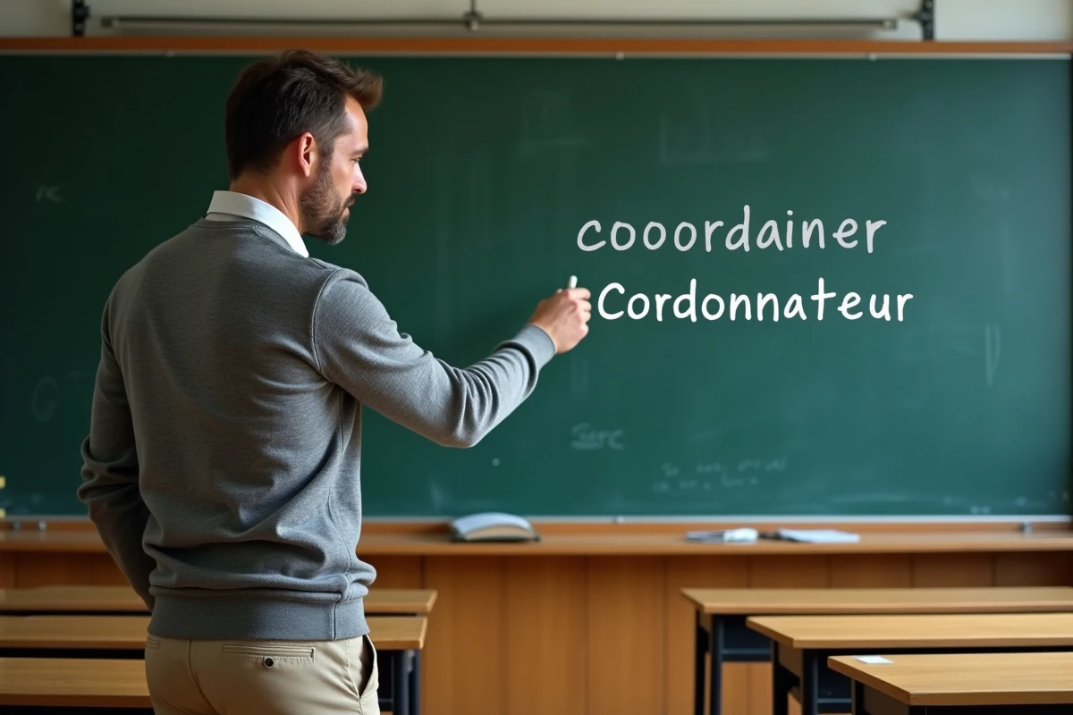 Enseignant de français écrivant les mots coordinateur et coordonnateur au tableau dans une salle de classe