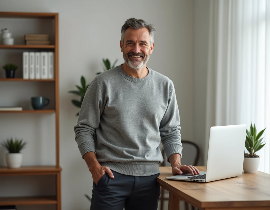 Entrepreneur masculin travaillant sur son business en ligne depuis un bureau à domicile minimaliste