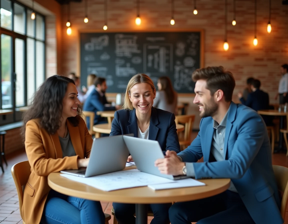 Équipe de professionnels en collaboration sur des projets digitaux et tendances web dans un espace de co-working créatif