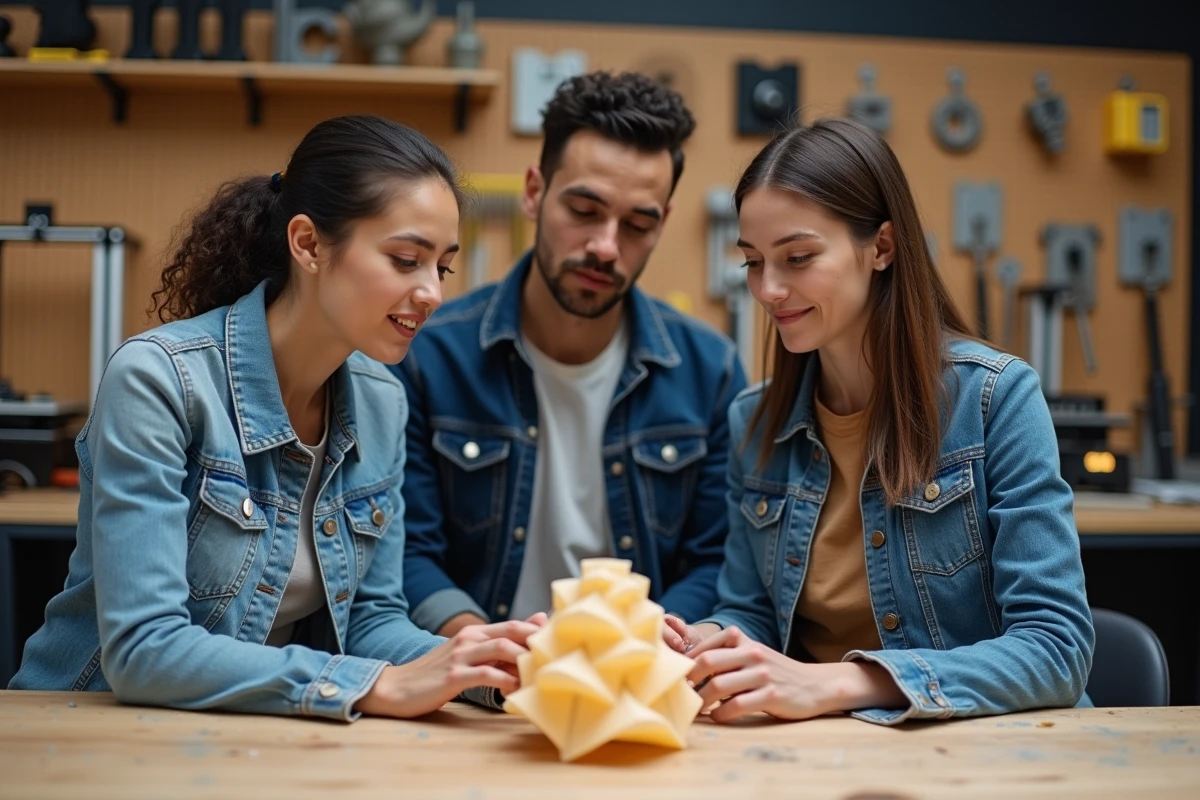 Équipe de jeunes professionnels examinant un prototype imprimé en 3D dans un laboratoire d'innovation startup, tendances technologiques