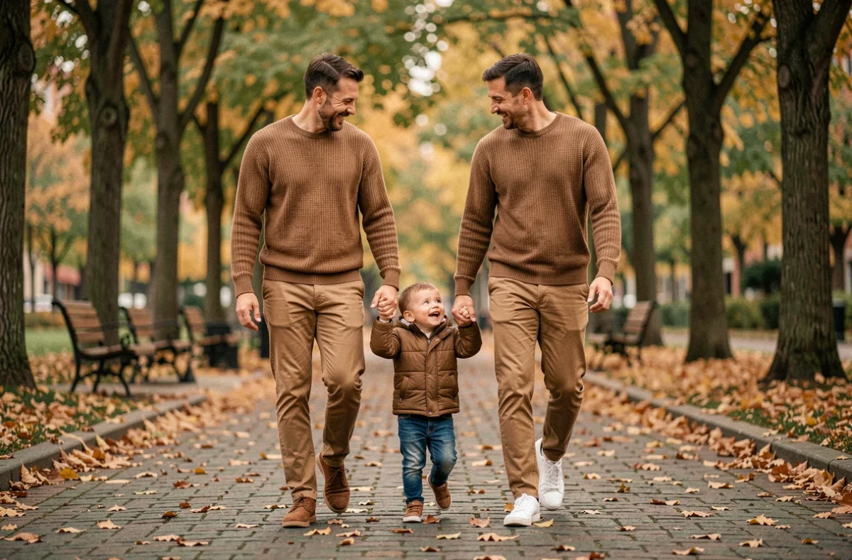 Famille avec jeune enfant se promenant dans un parc urbain en automne, illustrant un blog lifestyle mode et parentalité