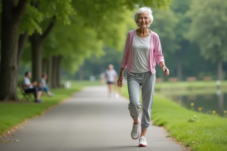 Femme senior souriante en marche dans un parc verdoyant