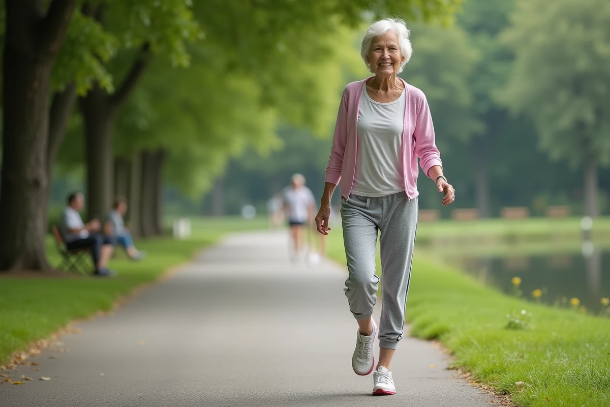 Femme senior souriante en marche dans un parc verdoyant