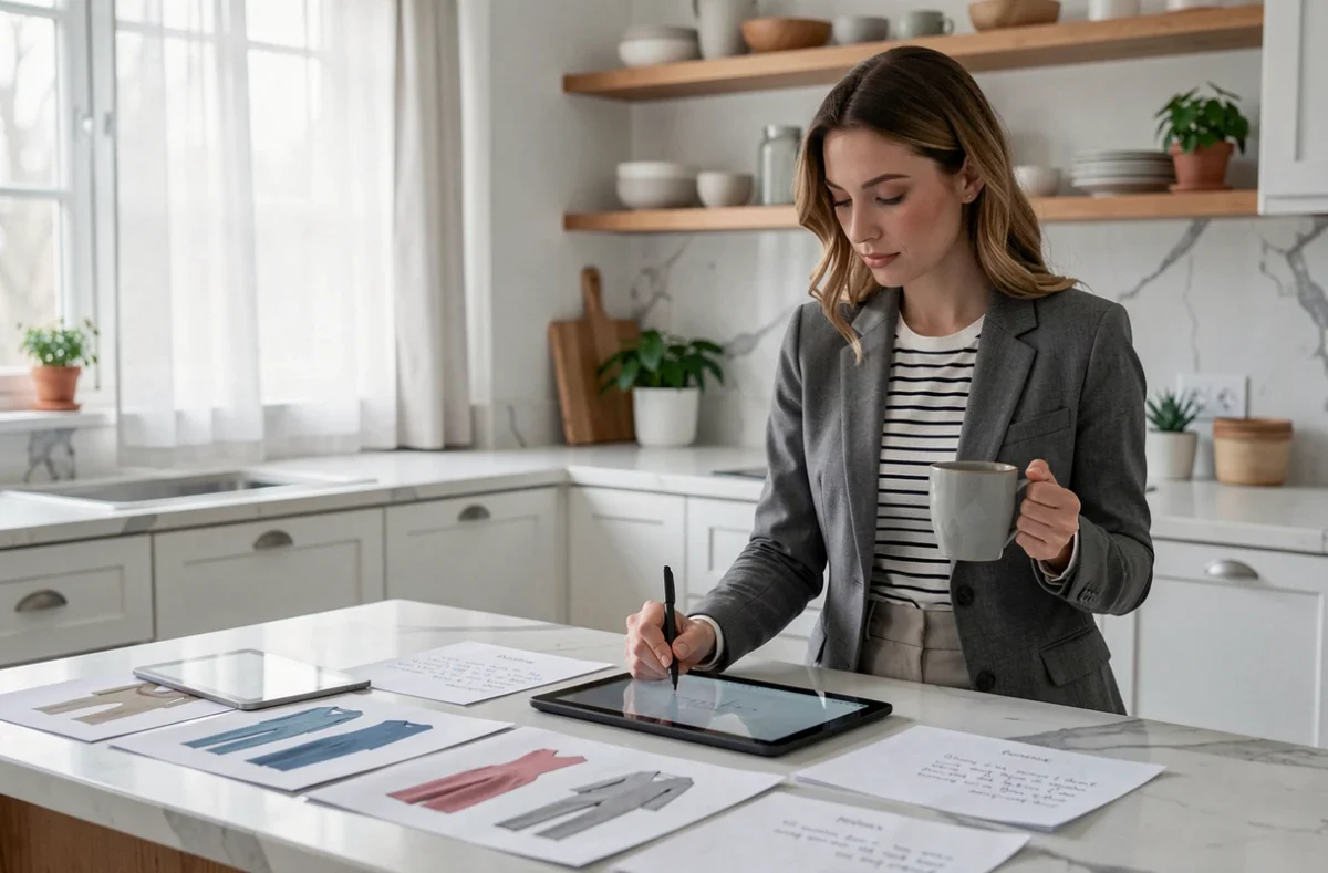 Femme consultant des conseils mode et des fiches de style dans une cuisine moderne, évoquant un blog mode et parentalité organisé