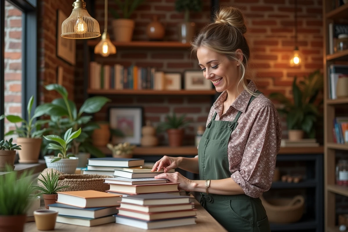 Femme arrangeant des livres dans une boutique chaleureuse