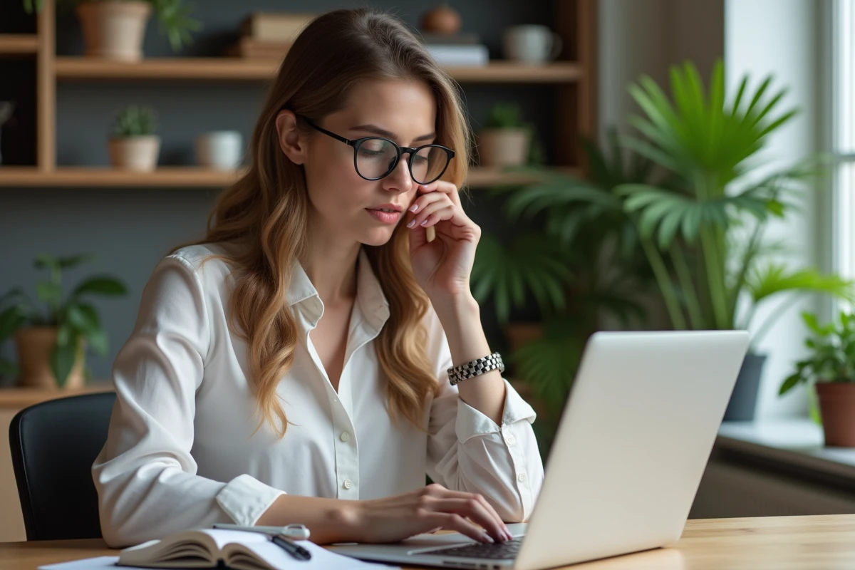 Jeune femme au bureau examinant des données financières