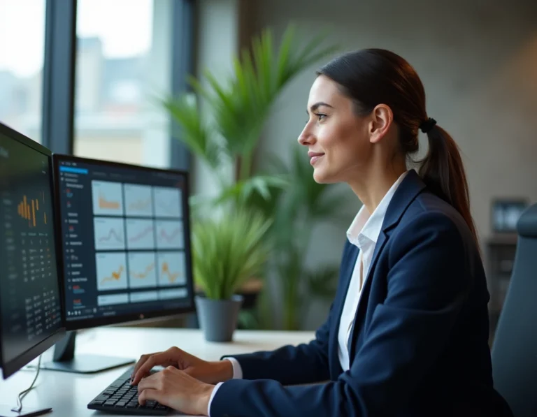 Femme professionnelle analysant des données e-commerce sur des écrans dans un espace de coworking moderne