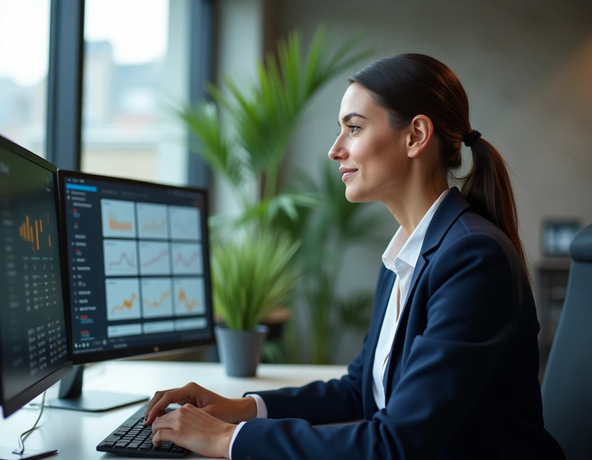 Femme professionnelle analysant des données e-commerce sur des écrans dans un espace de coworking moderne