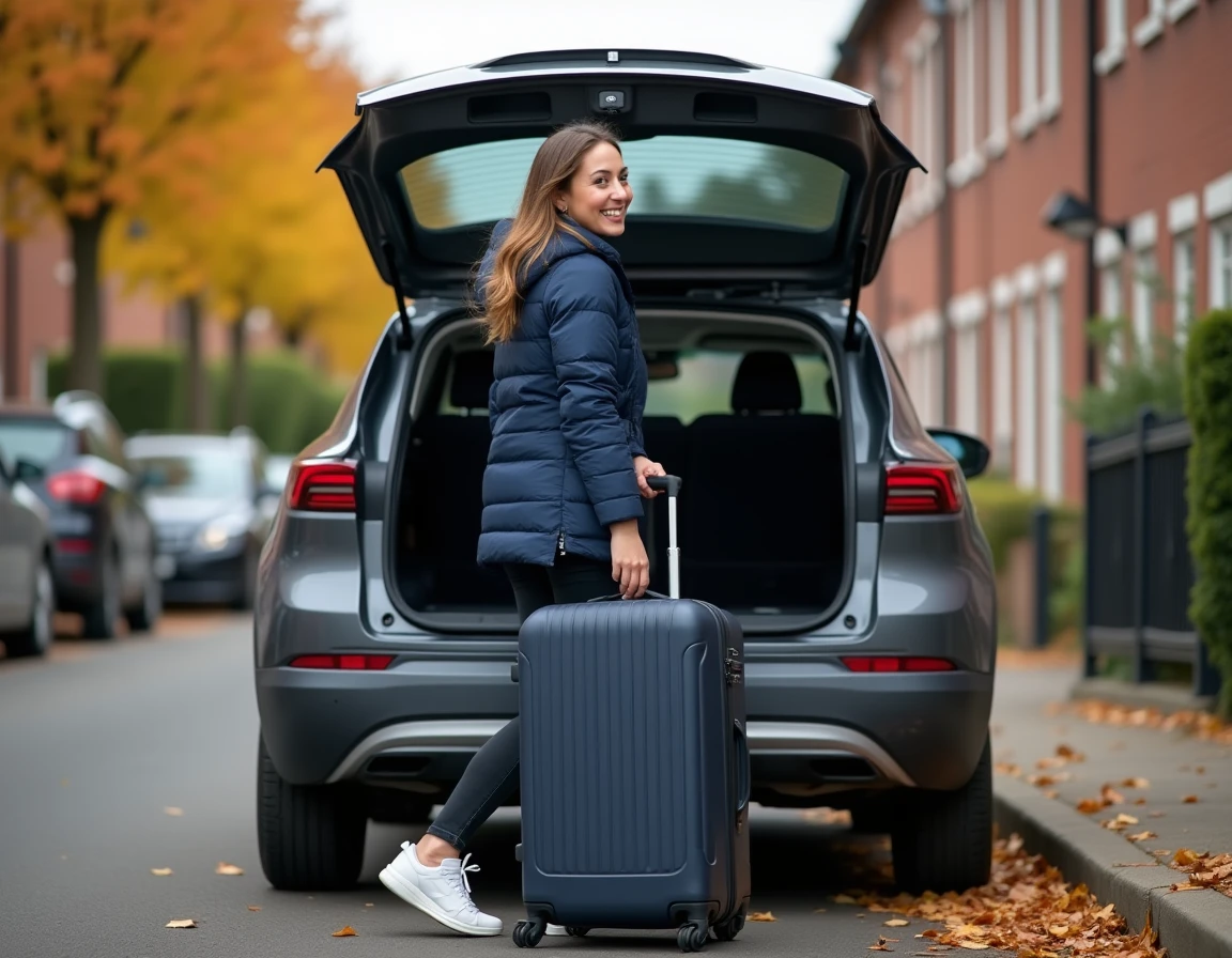Jeune femme chargeant une valise dans le coffre plat d'un SUV électrique compact en rue résidentielle à l'automne, illustrant la praticité du coffre électrique 2026