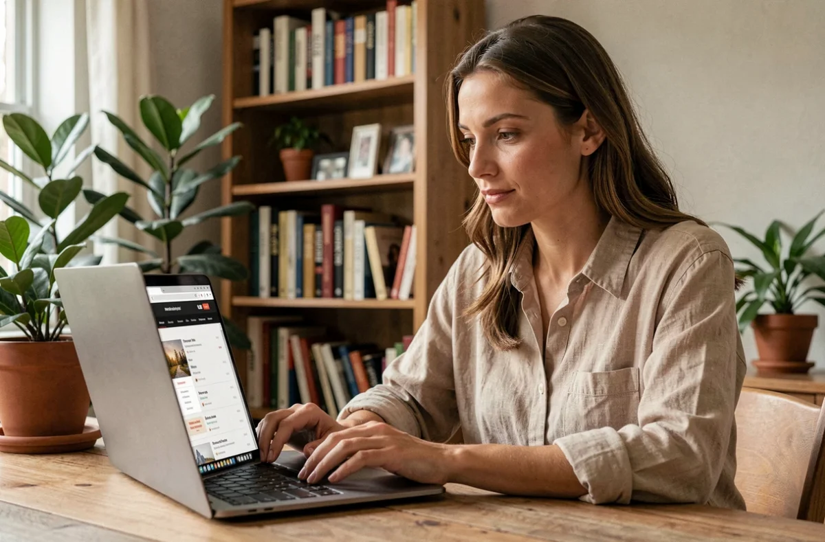 Femme consultant la liste des pages et ressources disponibles sur un site web depuis son bureau à domicile