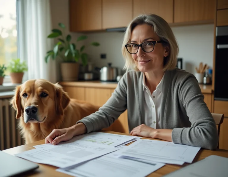 Femme à son bureau avec des documents fiscaux et son chien golden retriever, illustrant la déduction des frais vétérinaires aux impôts