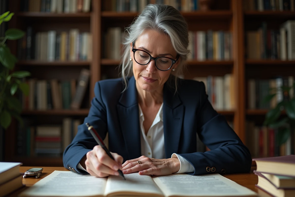 Femme professionnelle consultant un document de grammaire française sur les termes coordinateur et coordonnateur