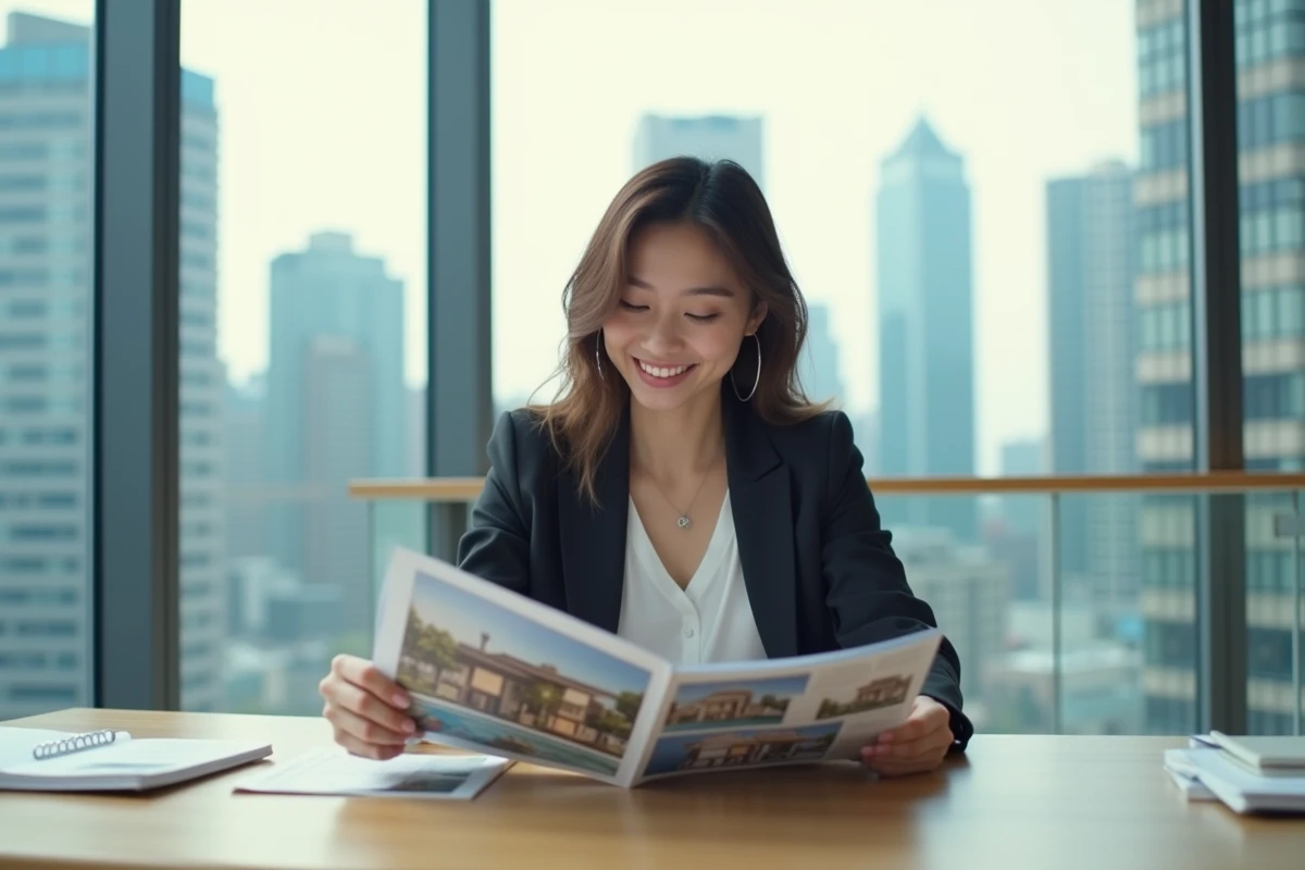 Jeune femme étudiant des brochures immobilières en bureau