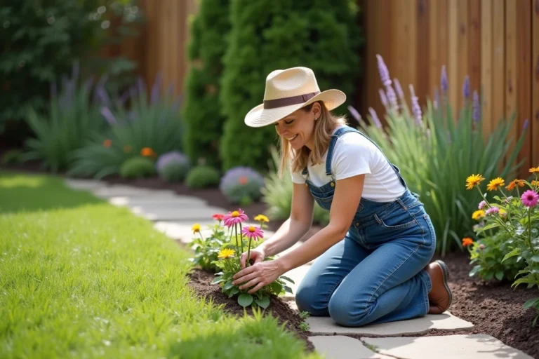 Femme en salopette arrangeant des fleurs dans le jardin