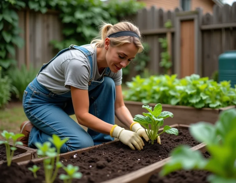 Femme jardinant dans un potager écologique avec des bacs en bois surélevés, du compost et un récupérateur d'eau de pluie