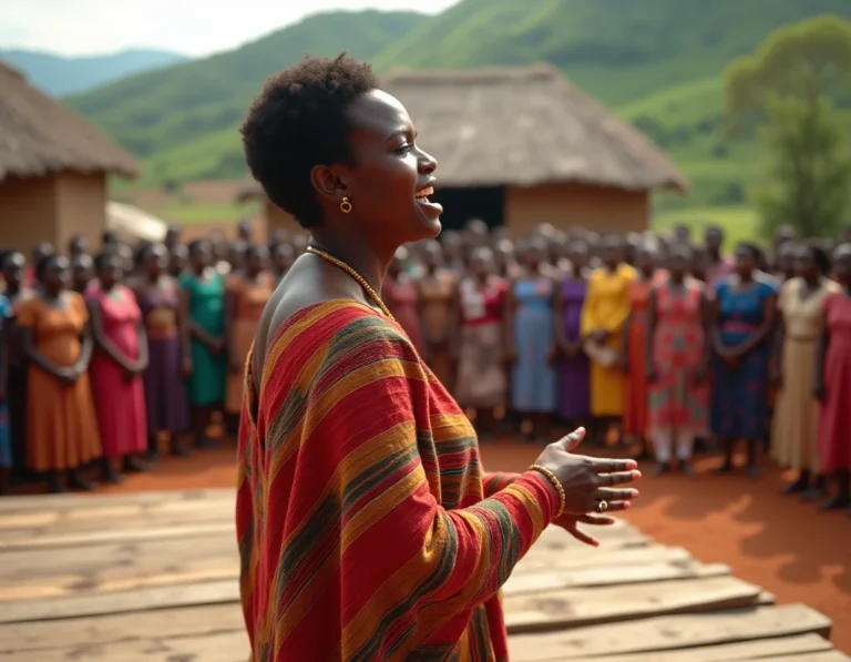 Femme malgache en lamba traditionnel chantant lors d'un spectacle de hira gasy dans un village de Madagascar