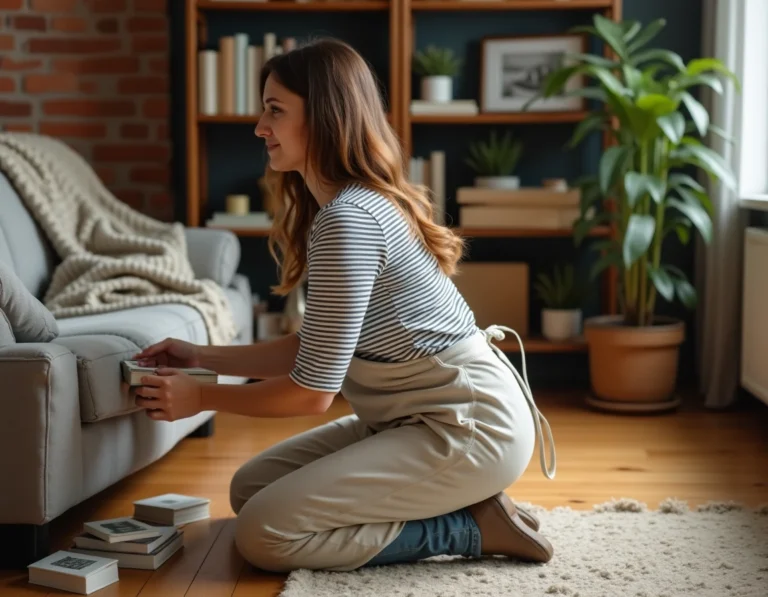 Femme organisant une étagère encombrée dans un salon chaleureux pour transformer un intérieur en désordre en espace harmonieux