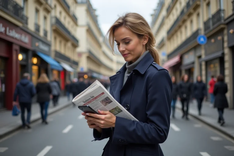 Femme parisienne en trench regardant son smartphone