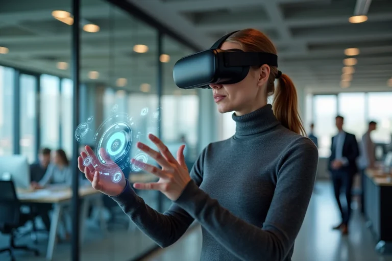 Femme portant un casque de réalité augmentée dans un bureau technologique moderne, illustrant les innovations tech de l'année