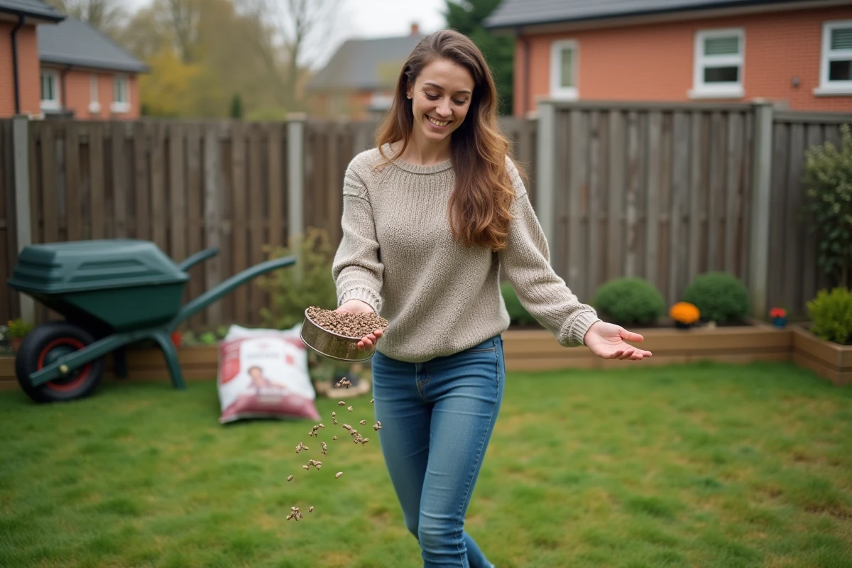 Femme souriante en train de semer du gazon dans son jardin