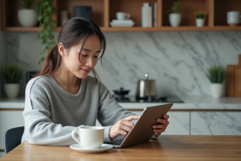 Jeune femme avec tablette dans une cuisine moderne