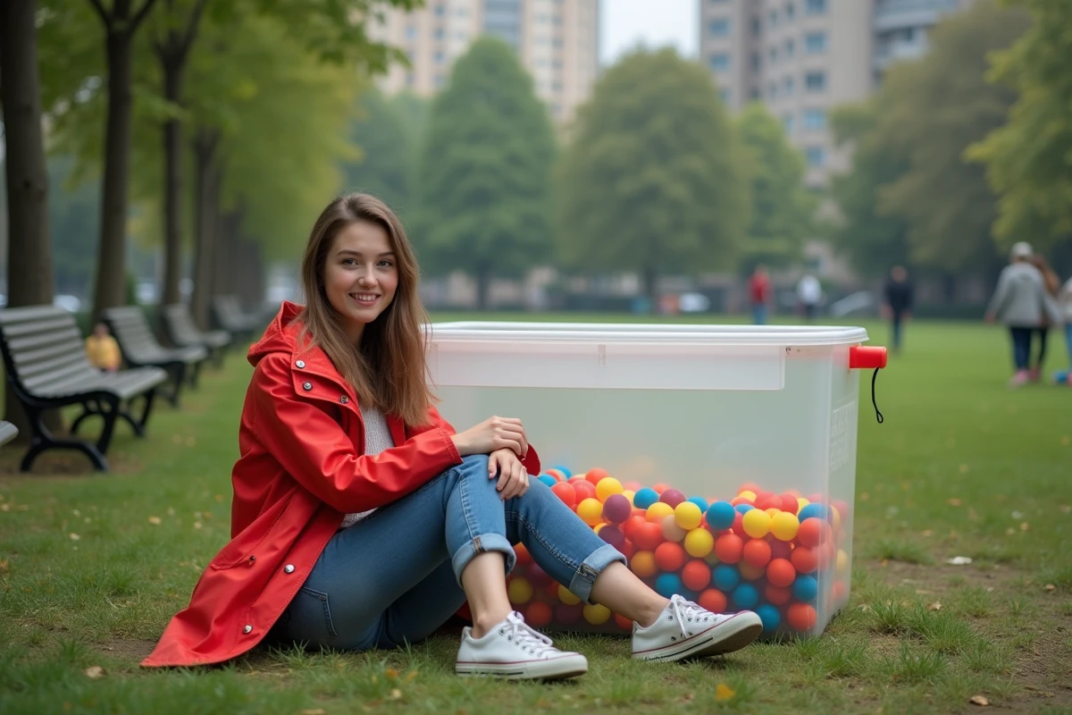 Jeune femme en imperméable rouge avec ballon coloré dans un parc